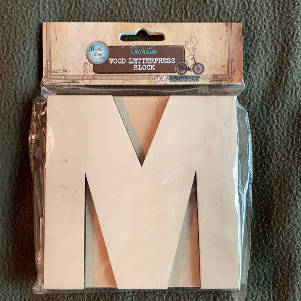 NIP Bottle Cap Inc. wood letterpress block “M”. Vintage edition.  5” x 5”